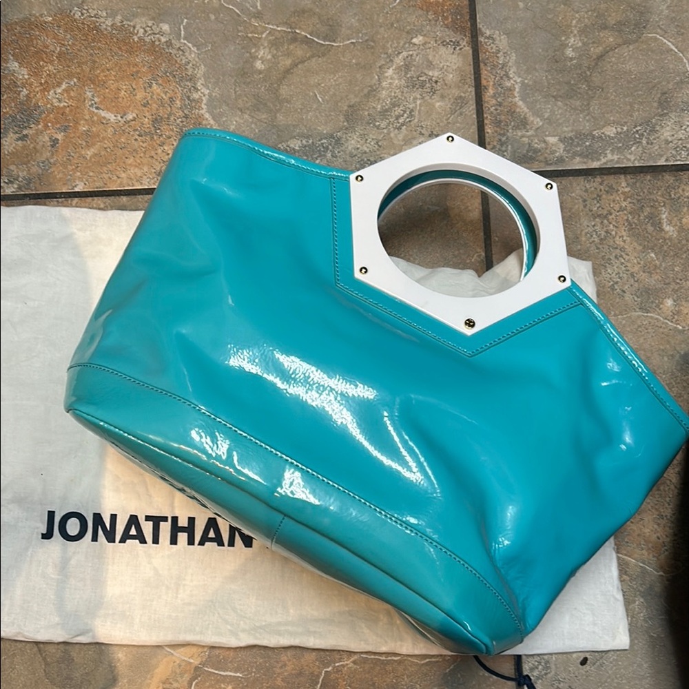 Blue and White Tote with Unique Handle and Glossy Finish